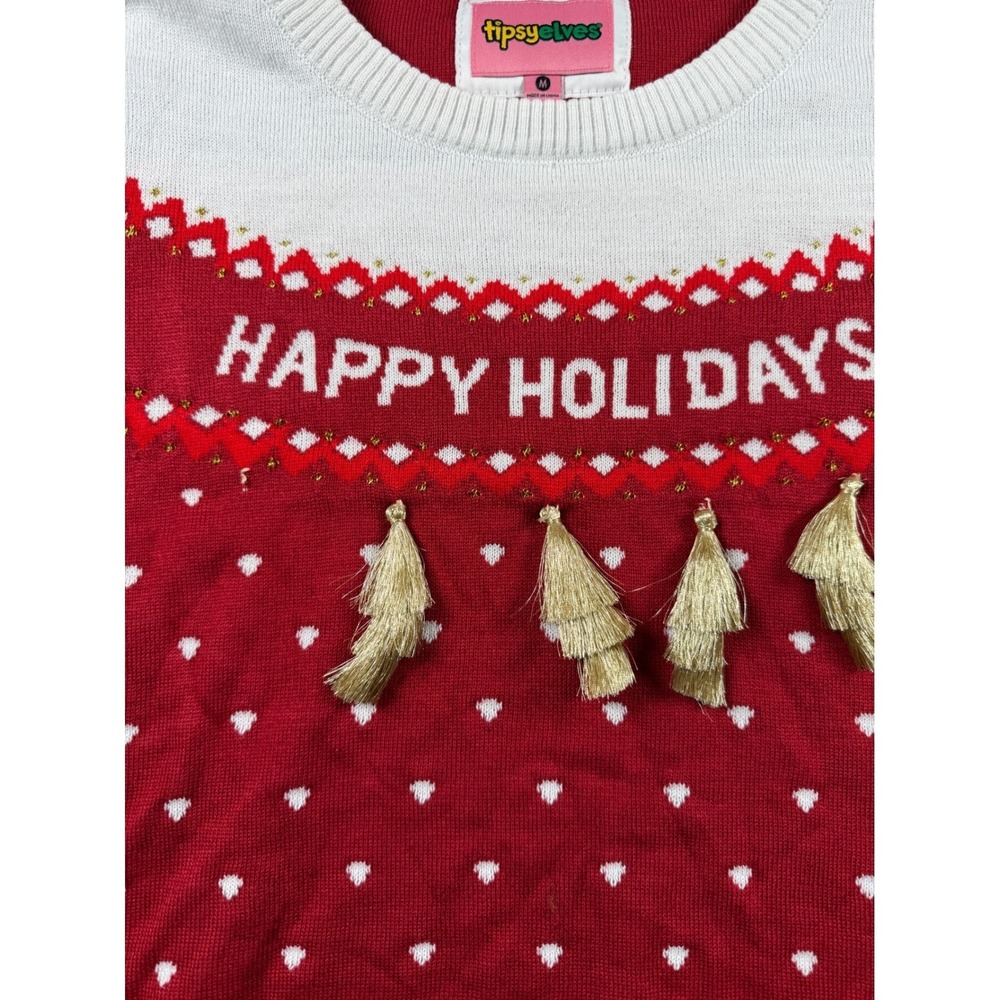 Tipsy Elves Happy Holidays Sweater Womens Medium Red White Gold Tassels Knit View 5